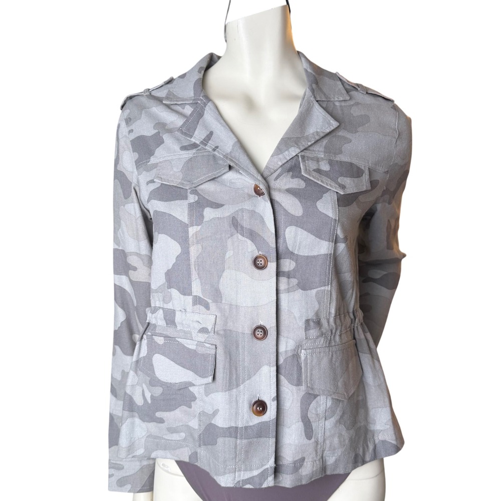 Cleo Camo Print Jacket Rayon Linen Blend Grey Button Front Military Utility S